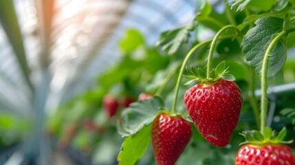 A ripe strawberry hangs from a green plant inside a brightly lit greenhouse, with sunlight streaming in. The vibrant red of the strawberry stands out against the green leaves, symbolizing natural