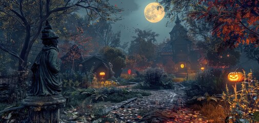 Obraz premium Spooky Halloween night scene with a full moon illuminating a haunted house, overgrown path, and eerie jack-o'-lanterns surrounded by autumn leaves.