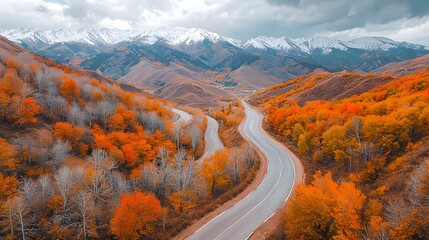 Serene winding road through vibrant autumn hills and snow-capped mountains.