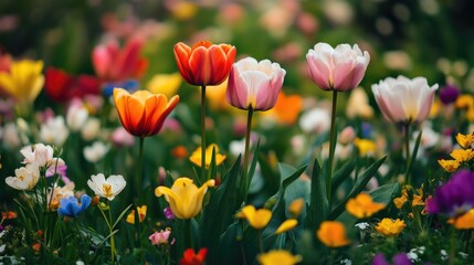 Fototapeta premium Colorful spring flowers in a meadow, capturing the beauty and diversity of the season.