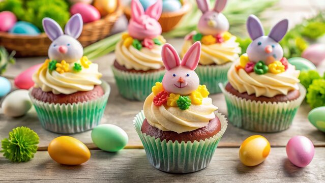 Easter weekend dessert ideas featuring cupcake mix with bunny and egg decorating tips
