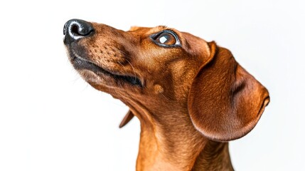 A close-up portrait of a dachshund looking upwards with a curious expression.