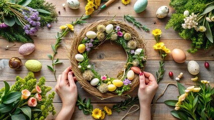 Fototapeta premium Easter Wreath Making with Floral and Greenery Embellishments