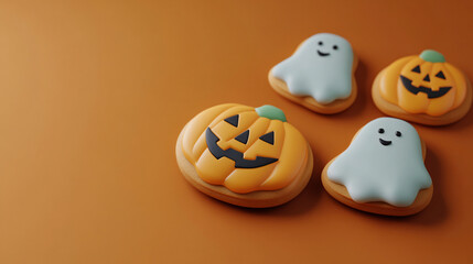 Obraz premium Cookies shaped like pumpkins and ghosts on an orange background, representing Halloween treats and festivities.