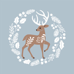 Cute hand drawn vector deer in wreath. Perfect for tee shirt logo, greeting card, poster, invitation or nursery print design. EPS 10 vector file.