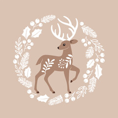 Cute hand drawn vector deer in wreath. Perfect for tee shirt logo, greeting card, poster, invitation or nursery print design. EPS 10 vector file.