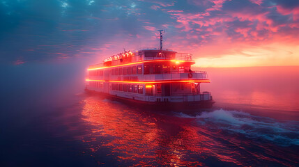 Cruise Ship Sailing at Sunset with Colorful Sky Illustration
