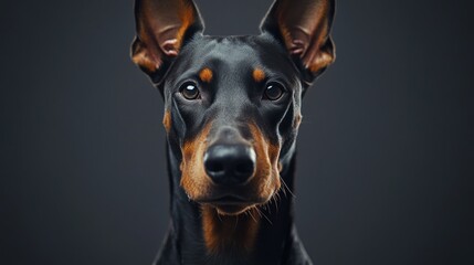 A close-up portrait of a Doberman dog against a dark background, showcasing its features.