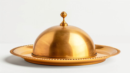 Golden Serving Cloche Raised Above Empty Golden Plate
