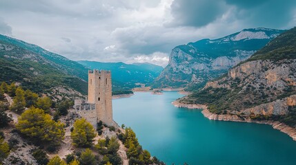 Naklejka premium Scenic view of a historic stone tower beside a serene turquoise lake and mountains.