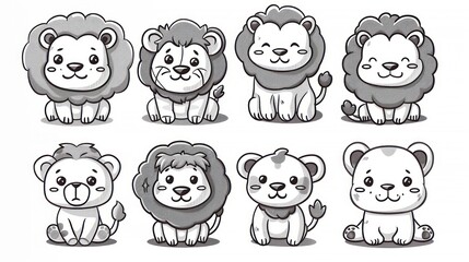 Adorable cartoon lion characters in black and white.