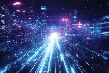 A lightbased energy source powering a futuristic city, with beams of light connecting buildings and transport systems