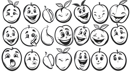 Collection of 21 black and white cartoon fruit illustrations with different expressions.