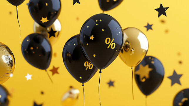 Black Friday Werbehintergrund: Luxuri&ouml;se goldene und schwarze Ballons. Elegantes Design, festliche Atmosph&auml;re. Ideal f&uuml;r Verkaufsaktionen. Hochaufl&ouml;send, Kopierraum