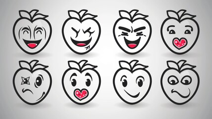 Fototapeta premium Eight fruit emoticons with various expressions.