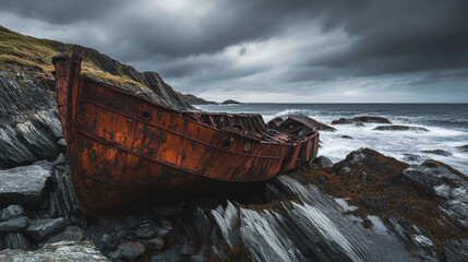 Naklejka premium Shipwreck on a Rocky Coast - Dramatic Seascape