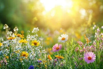 Fototapeta premium Vibrant Wildflowers Basking in Summer Sunlight
