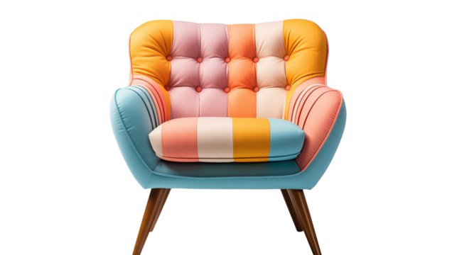 stylish colorful modern accent armchair, studio view, isolated on transparent background.