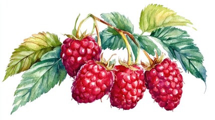 Vibrant Watercolor Rendering of Raspberries and Green Leaves Capturing Nature's Bounty