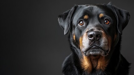Fototapeta premium A close-up portrait of a Rottweiler with an expressive gaze against a dark background.