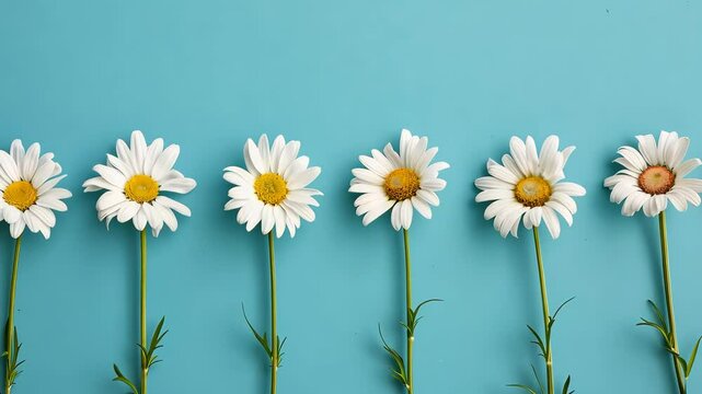 Row of daisies on a blue background, minimalist botanical concept