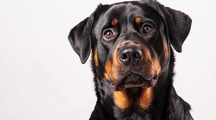 Obraz premium A close-up portrait of a Rottweiler with expressive eyes against a plain background.