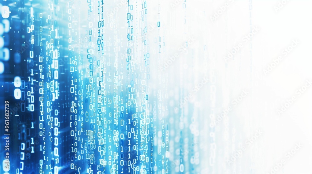 Poster abstract representation of digital binary data flowing on a blue background