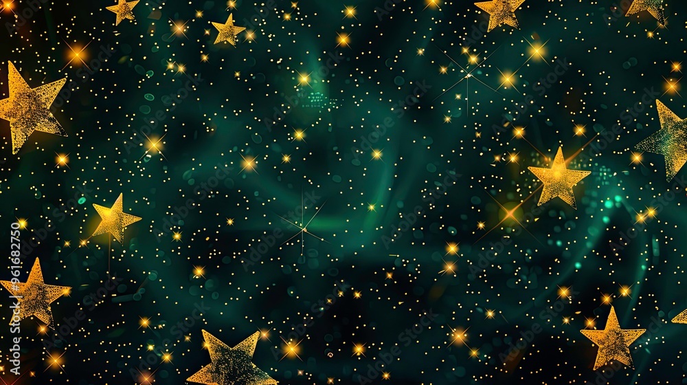 Wall mural Winter holidays sky with stars in emerald yellow colors on black background pattern illustration. Christmas holidays