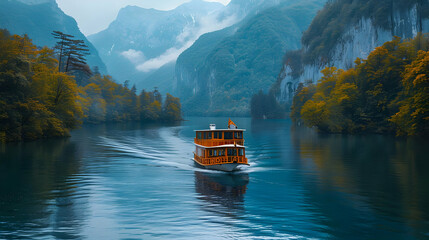 Naklejka premium Scenic Lake with Mountains and a Boat - Realistic Image