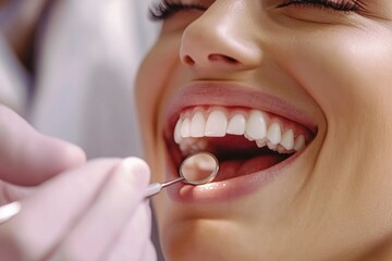 Fototapeta premium Portrait of a happy patient during a visit to the dentist. The doctor is checking teeth using a dental instrument, ensuring proper oral care and thorough examination in the dentistry clinic, ai