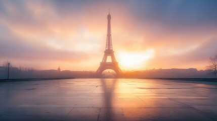 Desolate Eiffel Tower in Paris at dawn with an empty foreground and misty skyline, highlighting its iconic structure