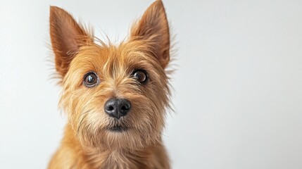 A close-up portrait of a small, fluffy dog with expressive eyes against a light background.