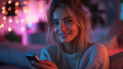 Young woman smiling while using her smartphone in a cozy, warmly lit room with colorful fairy lights in the evening