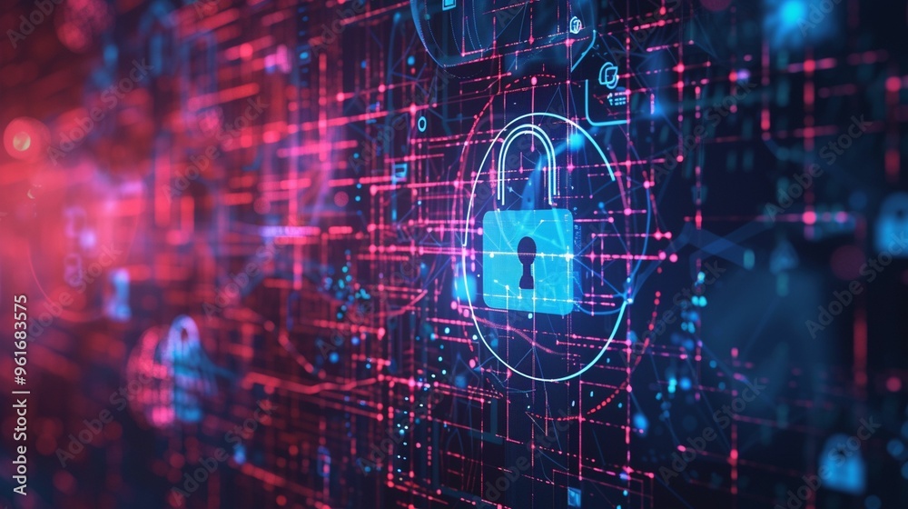 Poster digital network security lock on a vibrant abstract background with colorful data streams