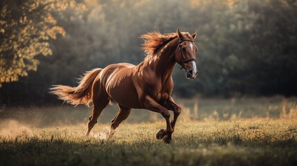 Fototapeta premium Majestic Brown Horse Galloping Freely in Golden Sunset Field
