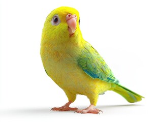 Yellow green parrot standing on white background