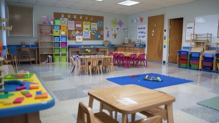 Empty preschool classroom with colorful learning stations