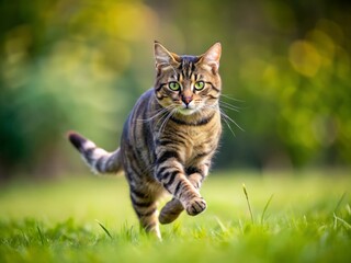 A tabby feline embarks on a determined sprint across the lush grassy field, its agile body leaving a