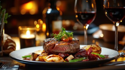 Exquisite Steak Dinner with Fine Wine and Candlelight