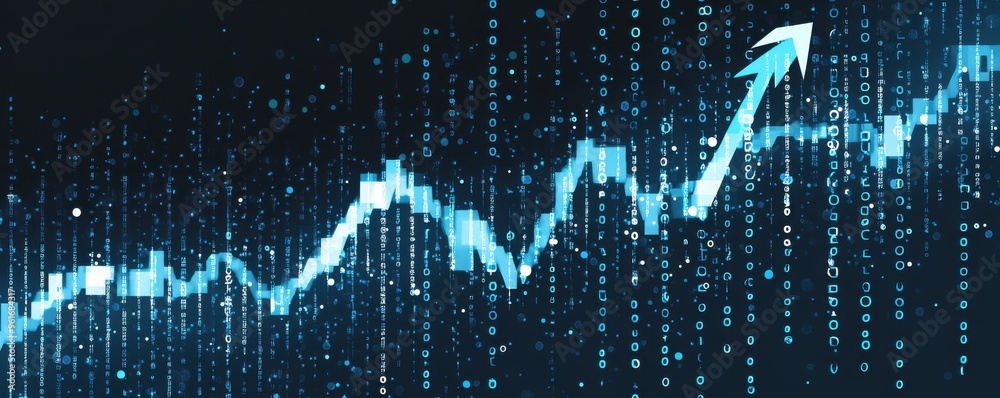 Poster dynamic stock market graph with blue binary code background and an upward arrow indicating growth an