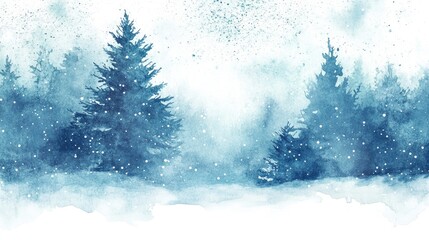 Serene Winter Landscape with Snowy Evergreens in Tranquil Blue Watercolors