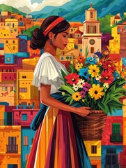 Obraz premium Woman in Traditional Dress Holding Flowers in a Colorful Cityscape