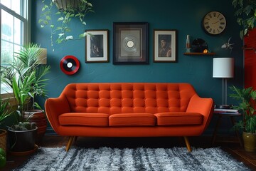 Retro Living Room A funky living room with mid-century furniture, bold colors, and vintage...