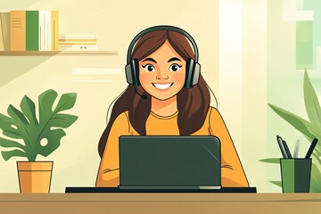 Friendly call center agent ans\wering incoming calls with a headset, providing customer service remotely. Happy woman using her excellent communication skills to resolves customer issues, ai