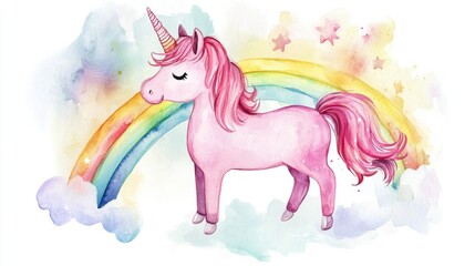 Whimsical Unicorn with Rainbow: A Dreamy Watercolor Illustration for Imagination and Play