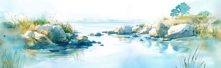 Tranquil Waterscape: A Serene Watercolor Landscape Embracing Nature's Beauty