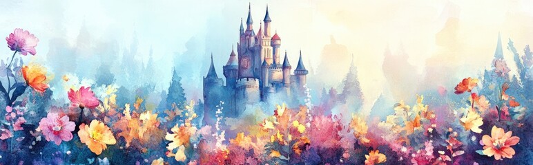 Enchanting Castle Surrounded by Vibrant Flowers in a Dreamy Watercolor Landscape