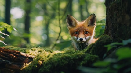 Obraz premium Cute young fox peeking out from behind a mossy log in a lush green forest, its curious eyes watching the world with playful energy