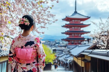 Fototapeta premium Japanese woman in traditional Kimono visit Yasaka Pagoda at Hokanji temple in Kyoto, Japan during full bloom cherry blossom in spring , ai