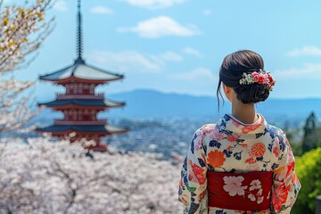 Japanese woman in traditional Kimono visit Yasaka Pagoda at Hokanji temple in Kyoto, Japan during full bloom cherry blossom in spring , ai
